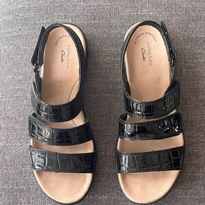 Clarks Black Patent Three-Strap Slingback Sandals